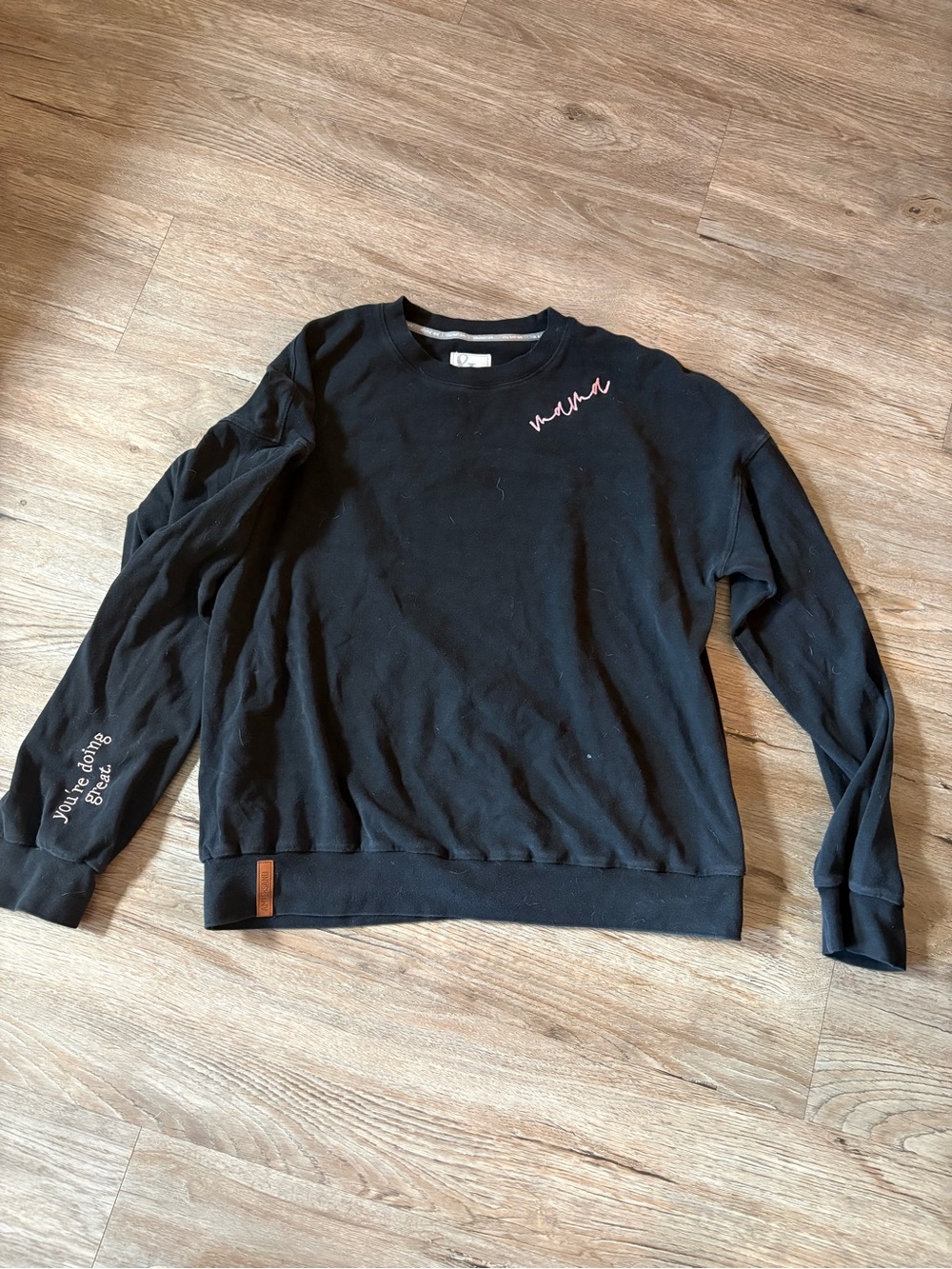 AMPERSAND AVE Black Crewneck Sweatshirt with Pink Script